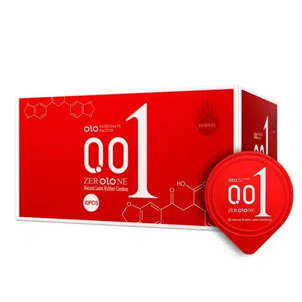 Bao cao su OLO New Three 0.01 Jelly Red - ấm nóng gân nổi (hộp 10 cái)